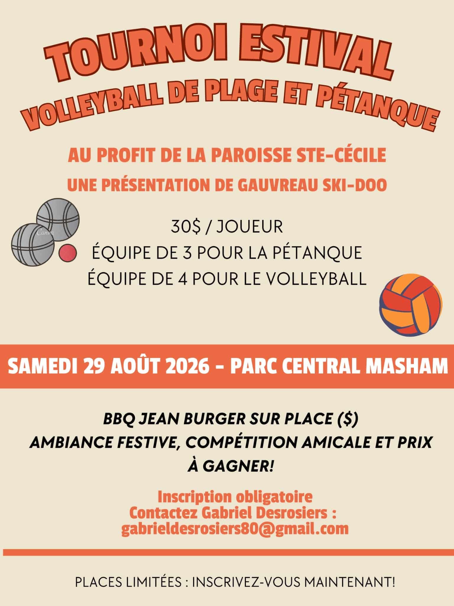 29 aout 2026 Tournoi estival volleyball de plage et petanque